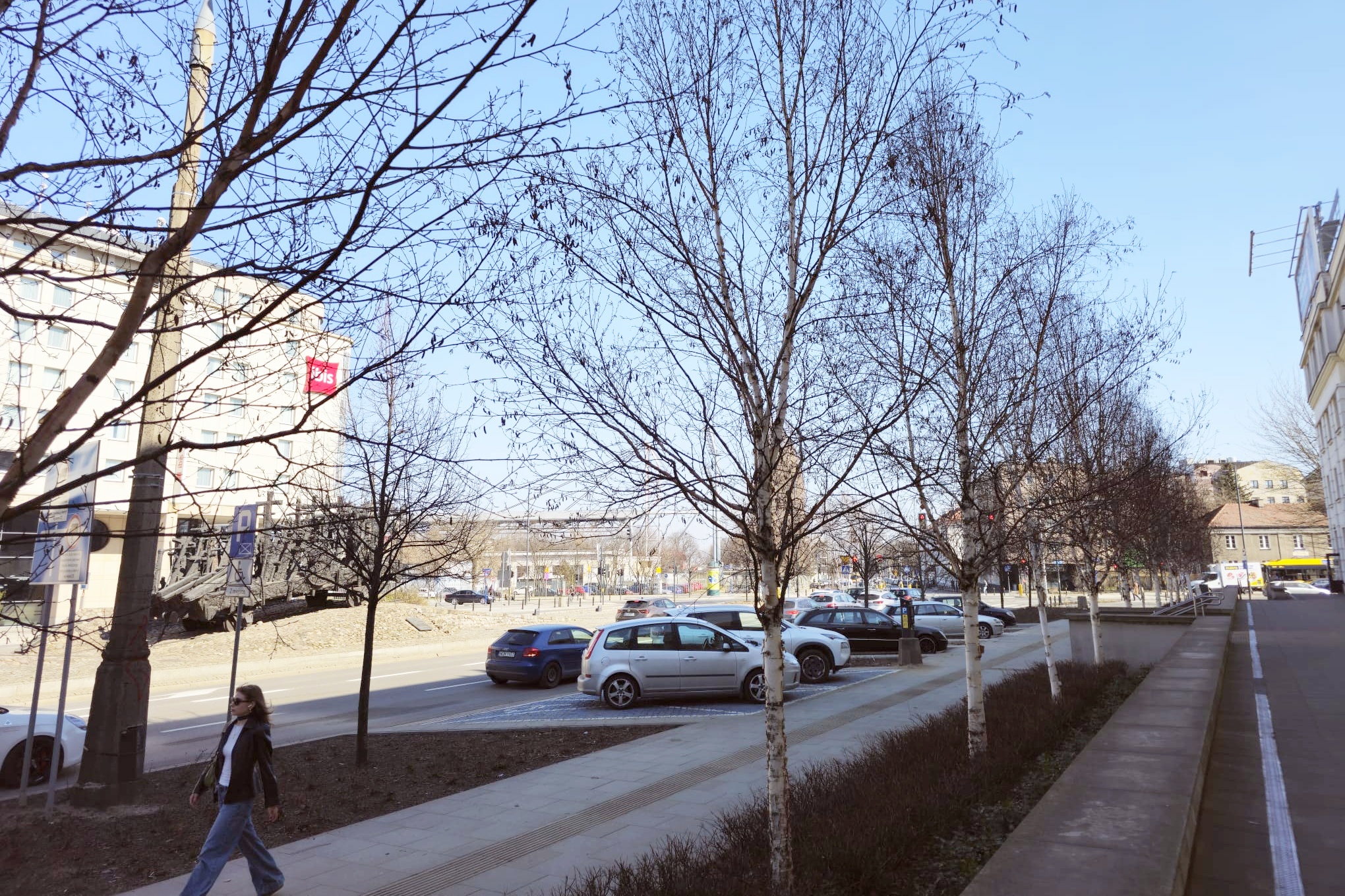 Drzewka zamiast miejsc parkingowych przy siedzibie WZON